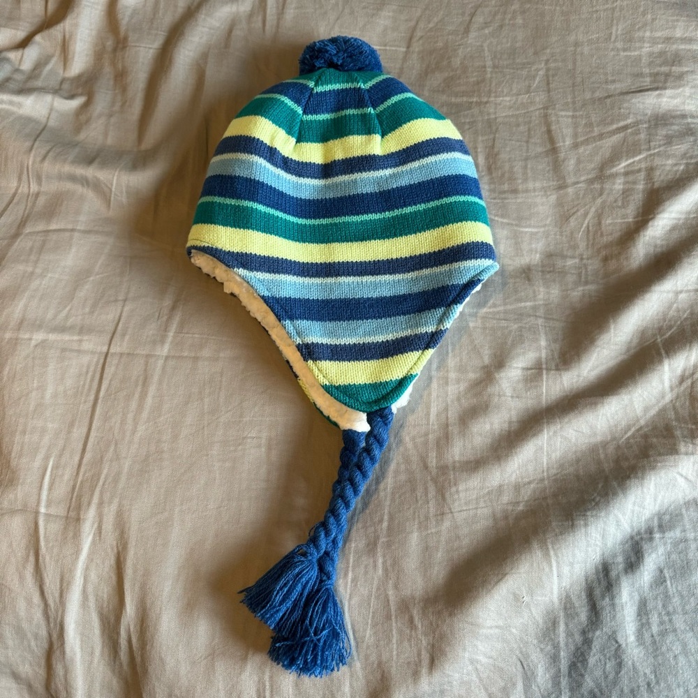 NWT Land’s End Peruvian Trapper Winter Hat Size XS/S Blue Green Stripes Fleece - Picture 4 of 8